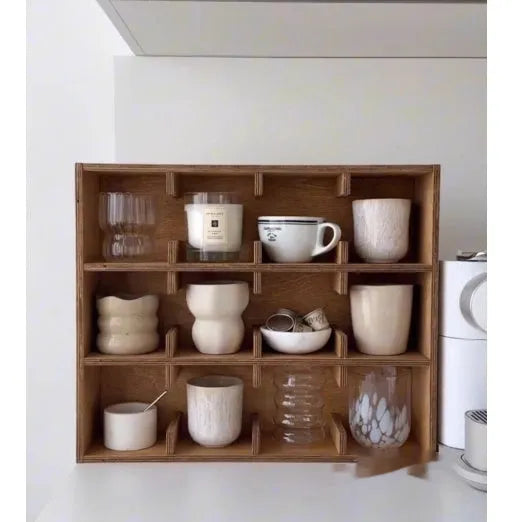 Solid wood multi-layer grid storage rack for cups and glasses in birch meridian colour