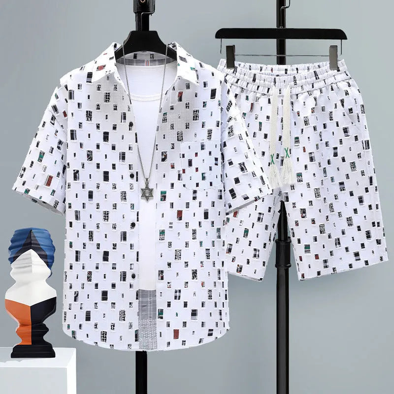 Men's casual two-piece set with short sleeve top and matching shorts in polyester fabric
