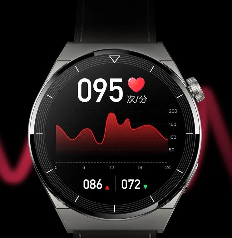 Black Android smart watch with round dial and silicone strap on wrist, showing home screen.