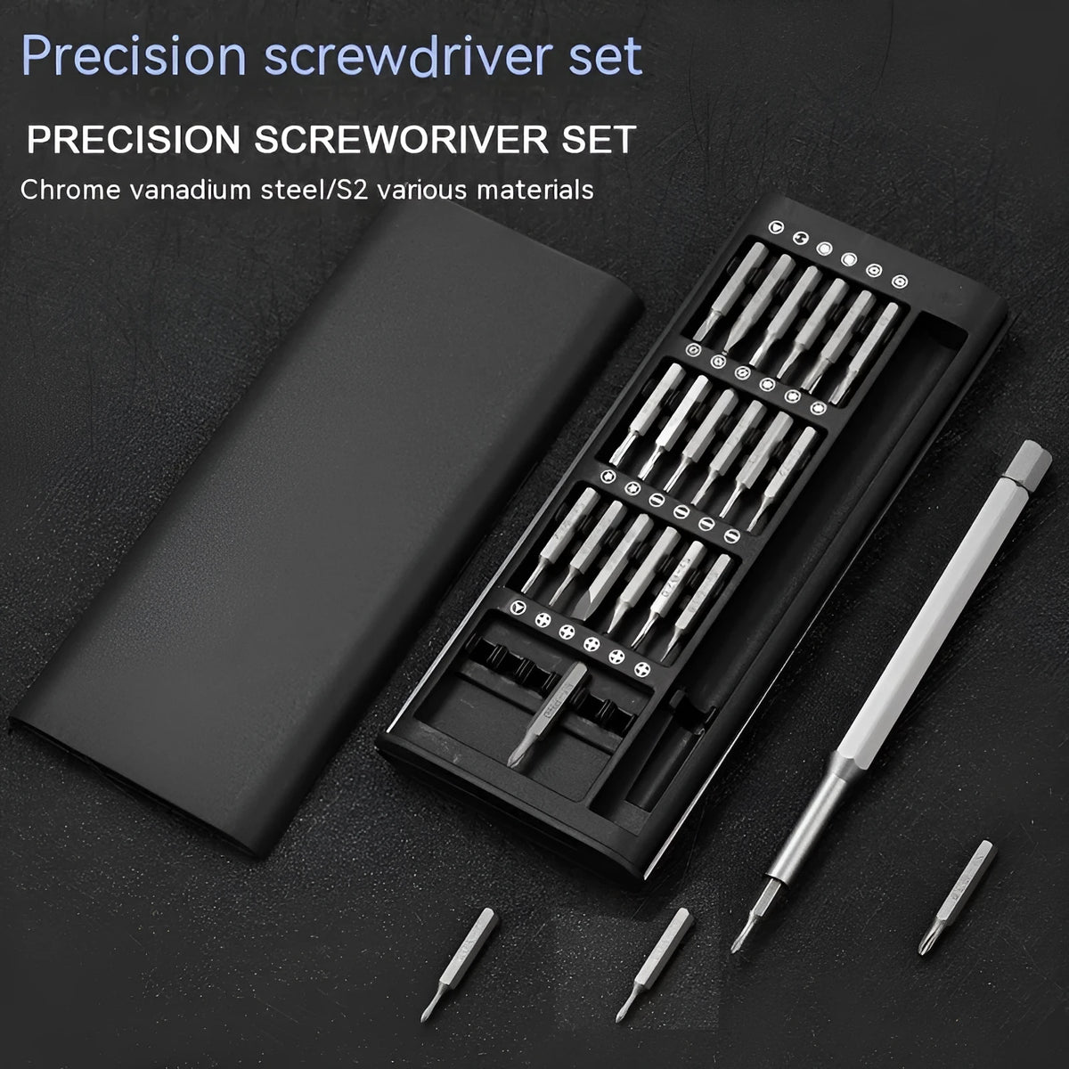 24 in 1 magnetic precision screwdriver set with aluminium handle, 125mm shaft, and 24 bits stored inside.