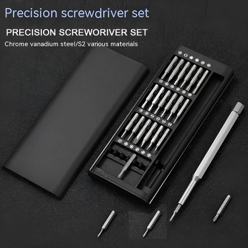 24 in 1 magnetic precision screwdriver set with aluminium handle, 125mm shaft, and 24 bits stored inside.