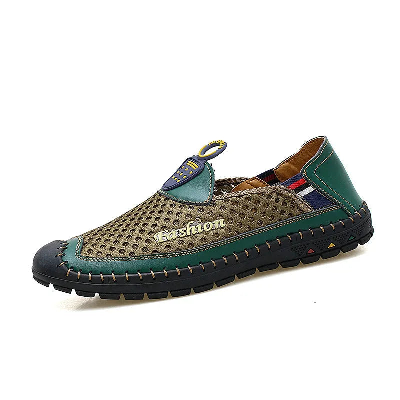 Men's brown mesh casual shoes with round toe and stitching detail