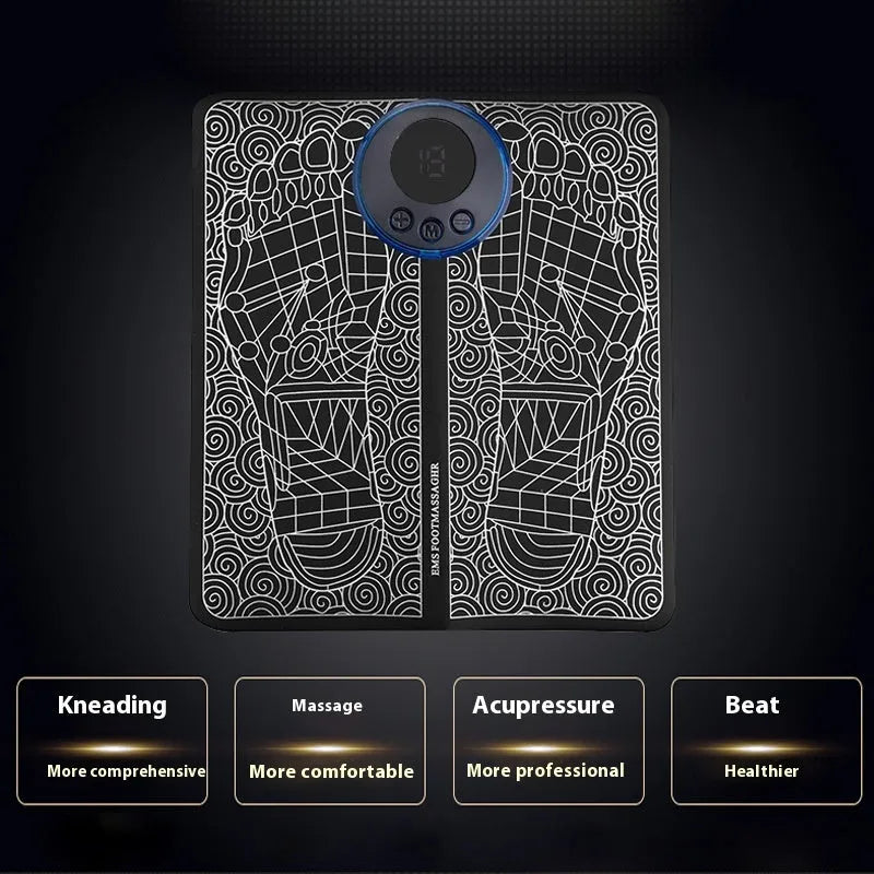 Pulse Micro-current foot massage cushion with wireless remote control on leather surface