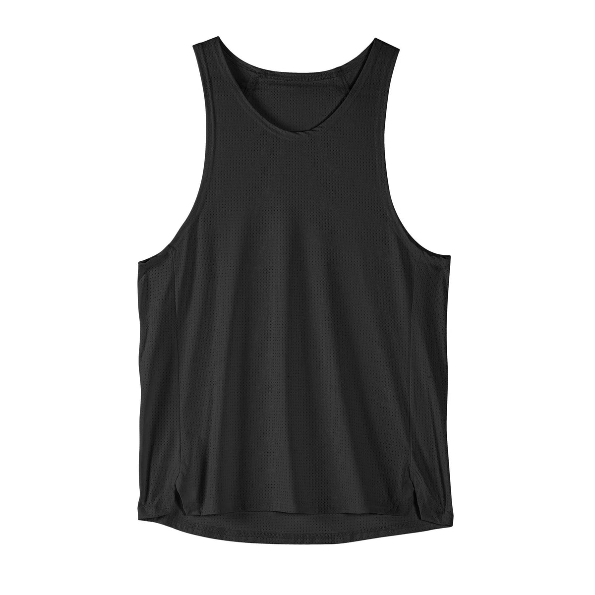 Men's black sleeveless nylon vest on a hanger, showing stretch fabric texture.