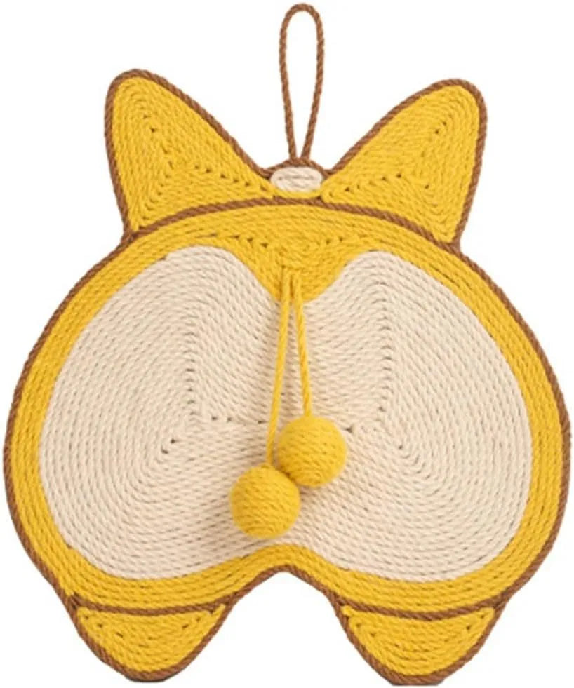 Yellow corgi-themed cat scratching board with sisal surface and anti-slip base measuring 37 by 40 centimetres