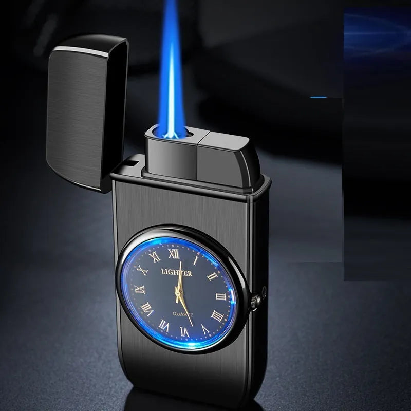 Multifunctional metal watch lighter with LED light in black brushed finish