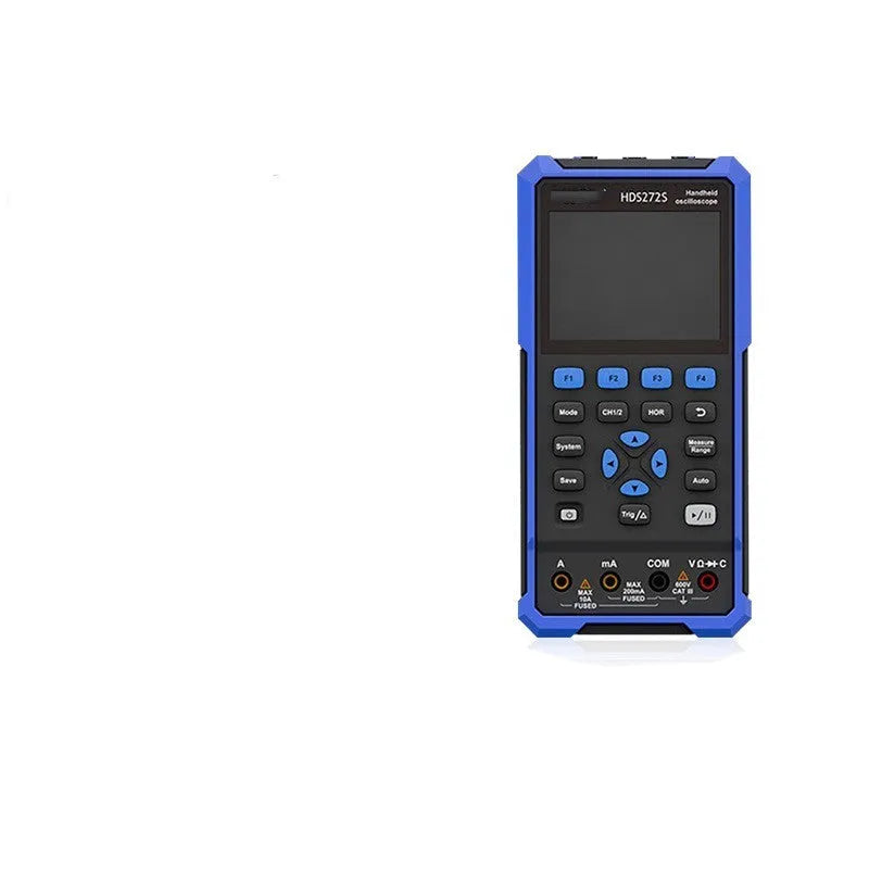 Owon HDS272 handheld digital oscilloscope with probe and accessories on a workbench