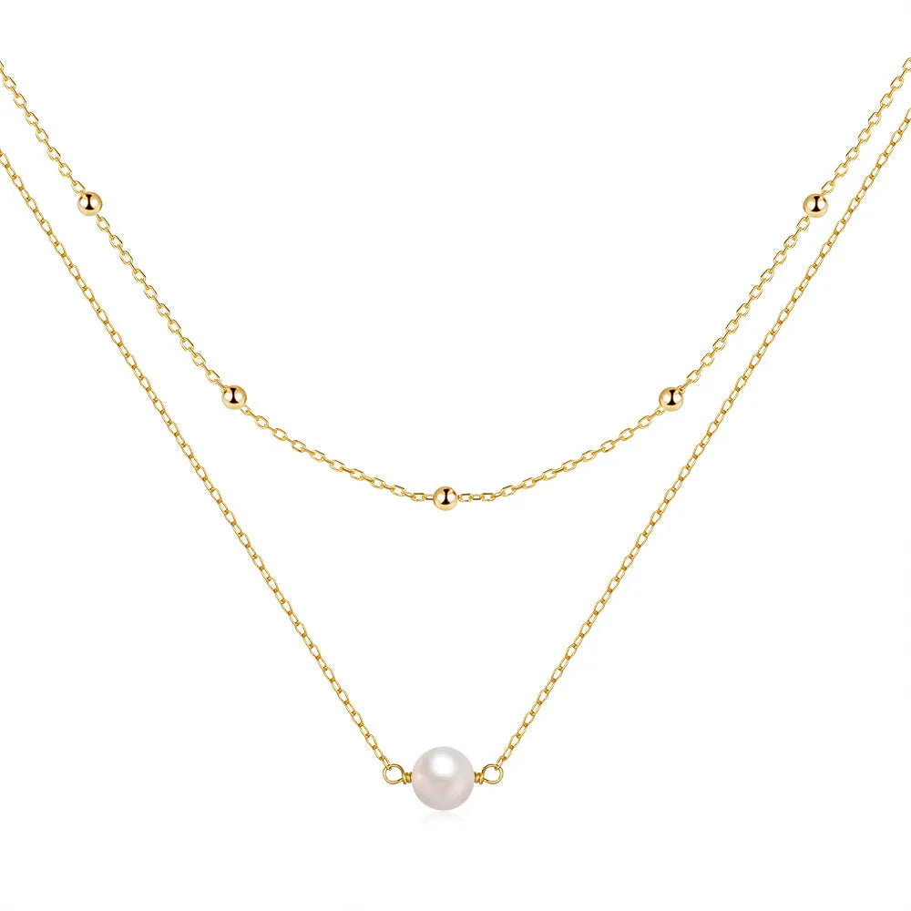 S925 sterling silver double layer pearl necklace with twin pearls and ball bead chain in gold colour
