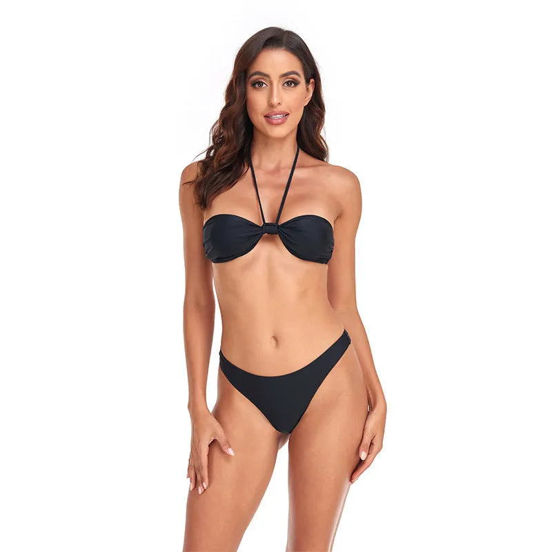 Black women's bikini set with lace-up tube top and matching briefs