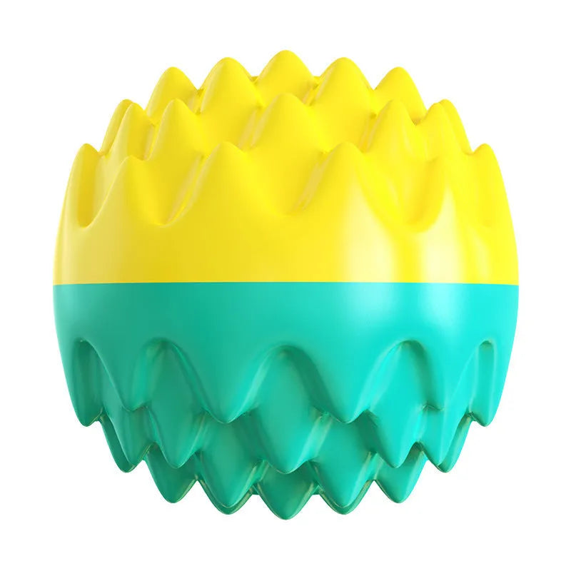 Blue and orange durable rubber squeaky dog ball with spiky texture for teeth cleaning.