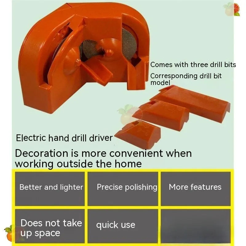 Portable grinding drill tool with orange and black irregular-shaped sander grinding wheels