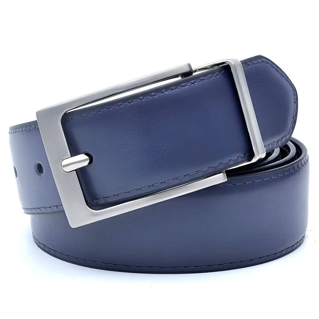 Men's dark brown and black leather casual belt with a silver rotating pin buckle, laid flat.