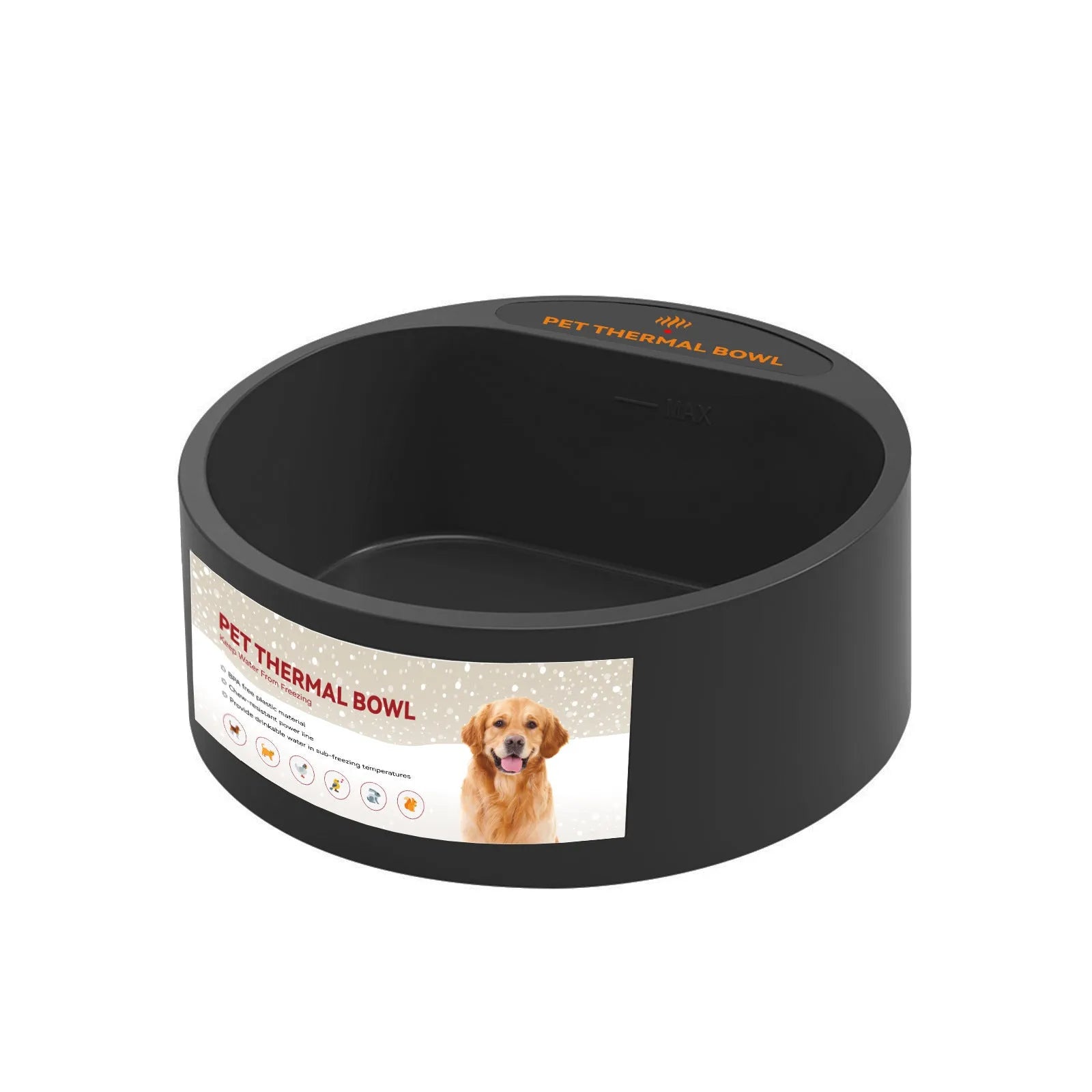 Black ABS plastic heated pet bowl with constant temperature control for cats and dogs