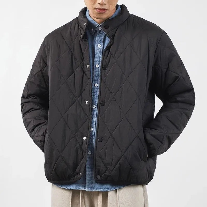 Men's black diamond lattice pattern winter jacket with lengthened 100cm fit