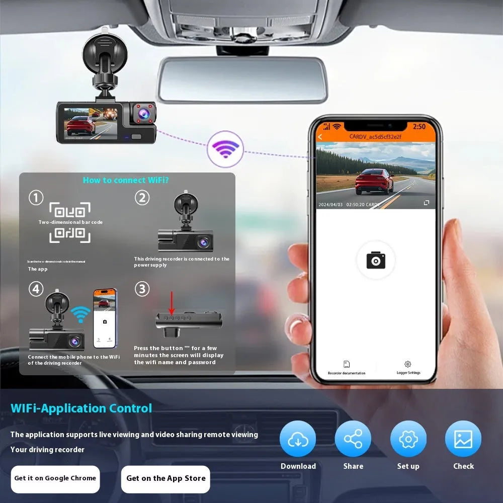WiFi-enabled car dash cam on windscreen with 2-inch screen and data cable