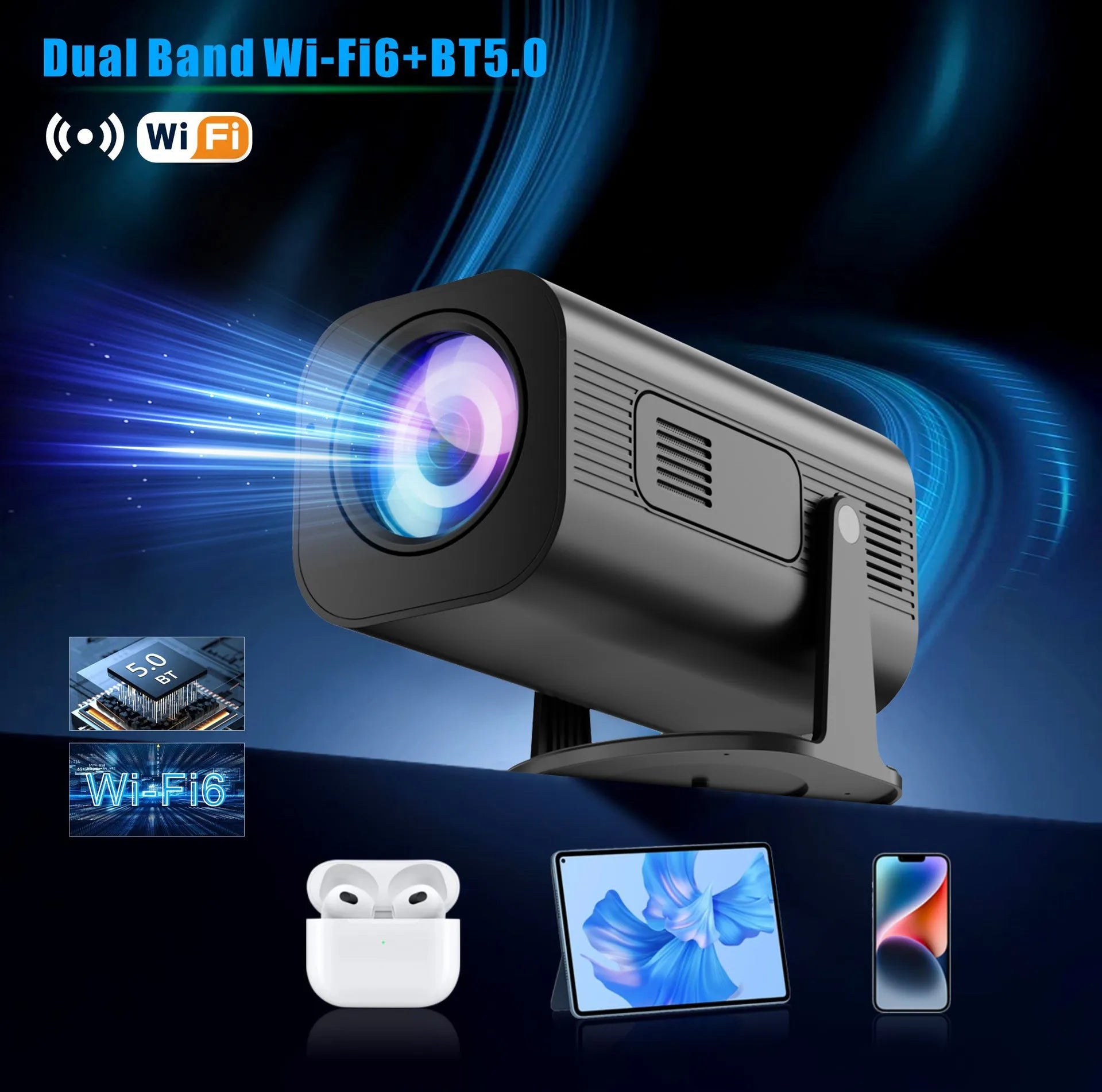 P330 black and white mini projector with remote control on table