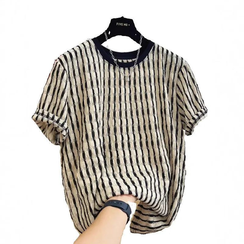 Black striped linen and silk-blend men's casual shirt with short sleeves and loose fit