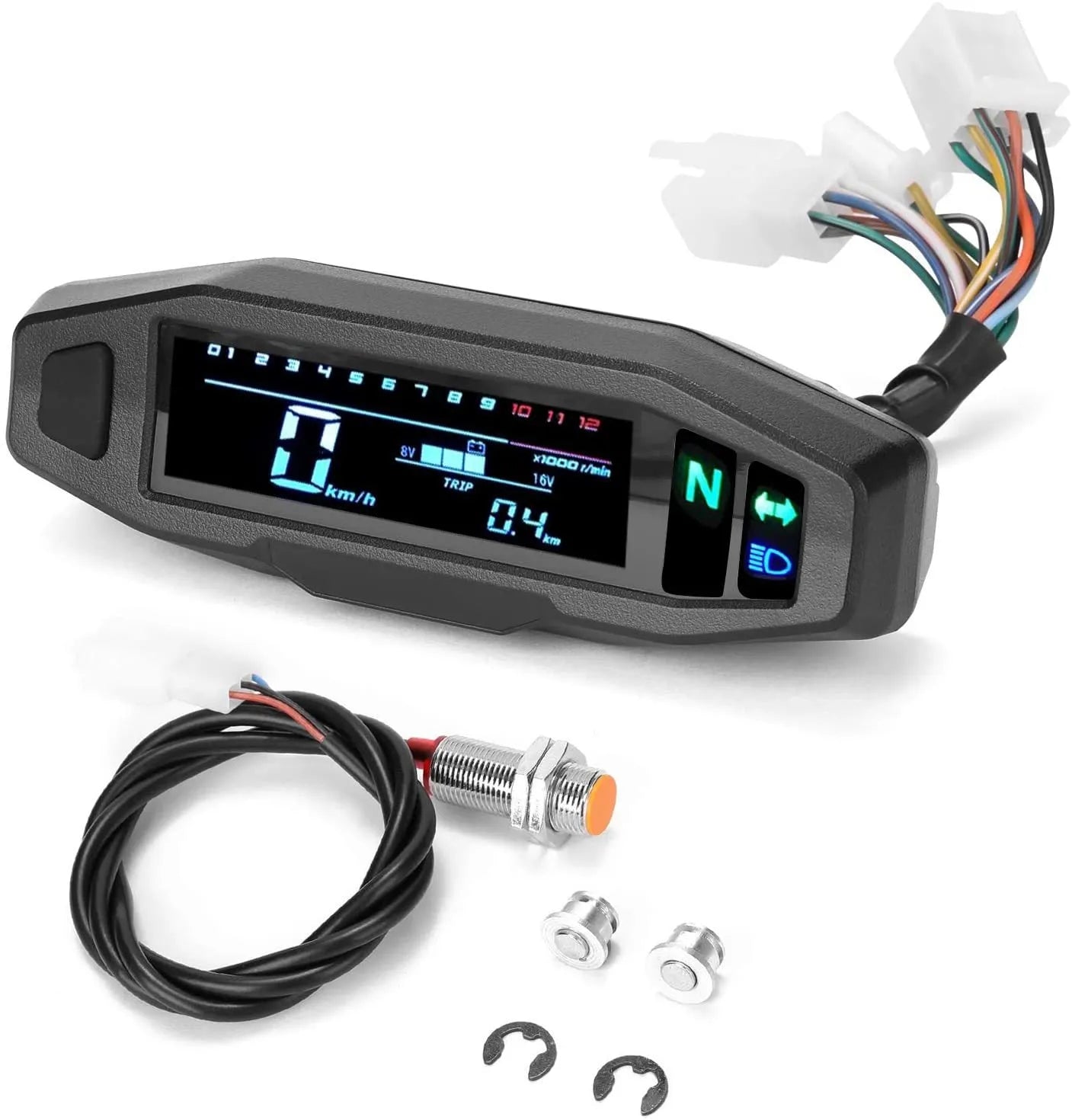 Black motorcycle mini digital speedometer with LCD screen displaying speed, tachometer, and fuel gauge.