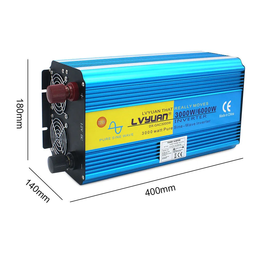 Blue 3000W pure sine wave power inverter with digital displays and remote control for car 12V to 220V conversion