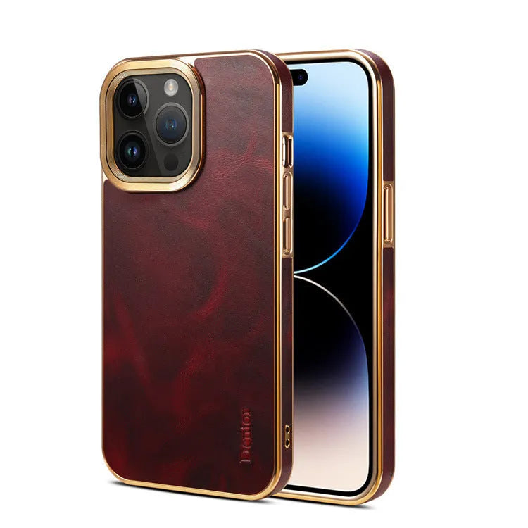 Handmade vintage leather phone case for iPhone showing slim profile and precise cutouts
