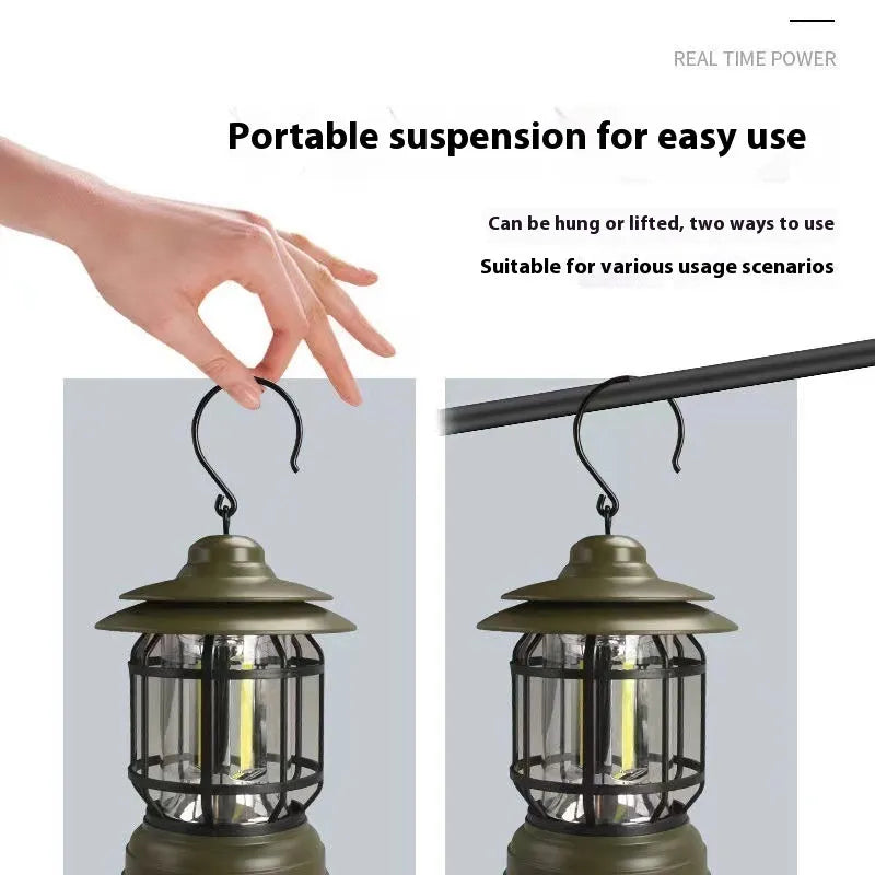 Portable camping head lamp lantern in choice of dark green, black, or red colours with battery options