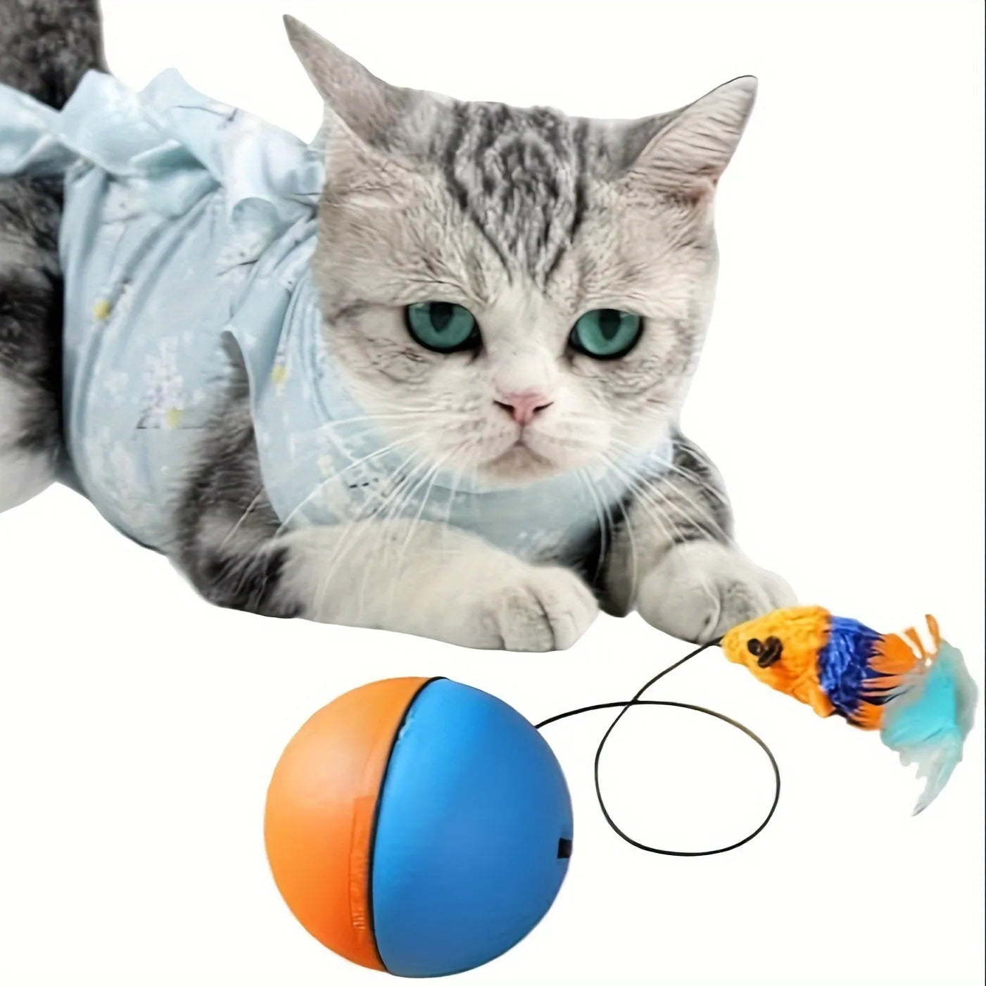 Blue and orange interactive cat toy ball with plush mouse attachment for feline exercise