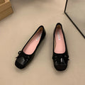 Women's wine red retro Mary Jane ballet flats with a bow and square toe on a rubber sole.
