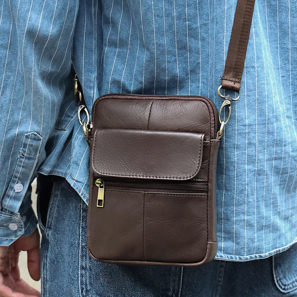 Men's genuine first layer cowhide crossbody shoulder bag in solid color with sewing line detail