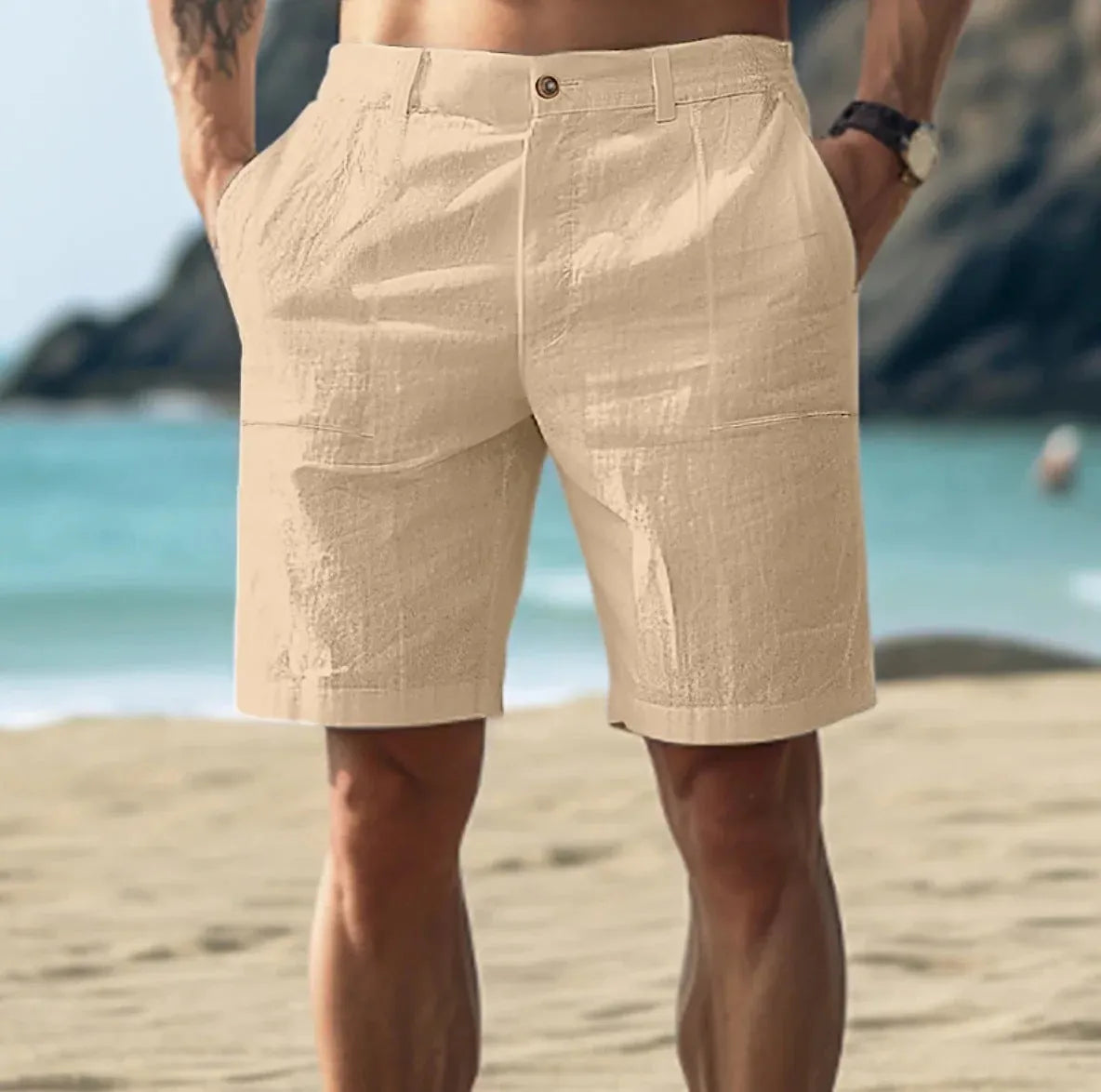 Men's cotton and linen casual five-point shorts in solid colour with button fly front