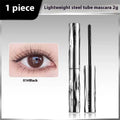 Black and brown waterproof mascara in a steel tube, shown with an optional eyelash curler.