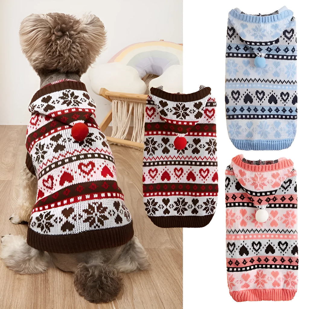 Pink striped camouflage dog sweater with snowflake design on a Bichon dog
