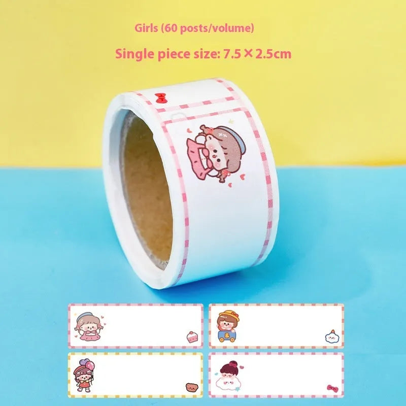 Roll of colourful cartoon message index stickers showing dinosaur, astronaut, rabbit, and girl designs.