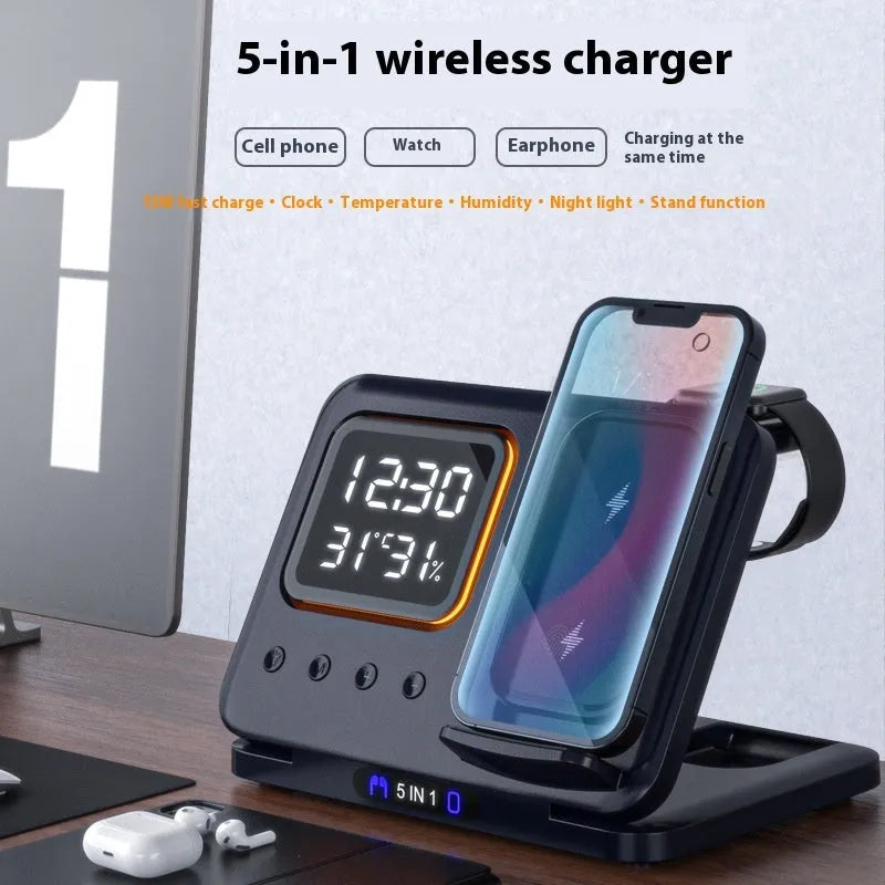 Black wireless charging station with digital clock display showing time and temperature, charging smartphone and smartwatch