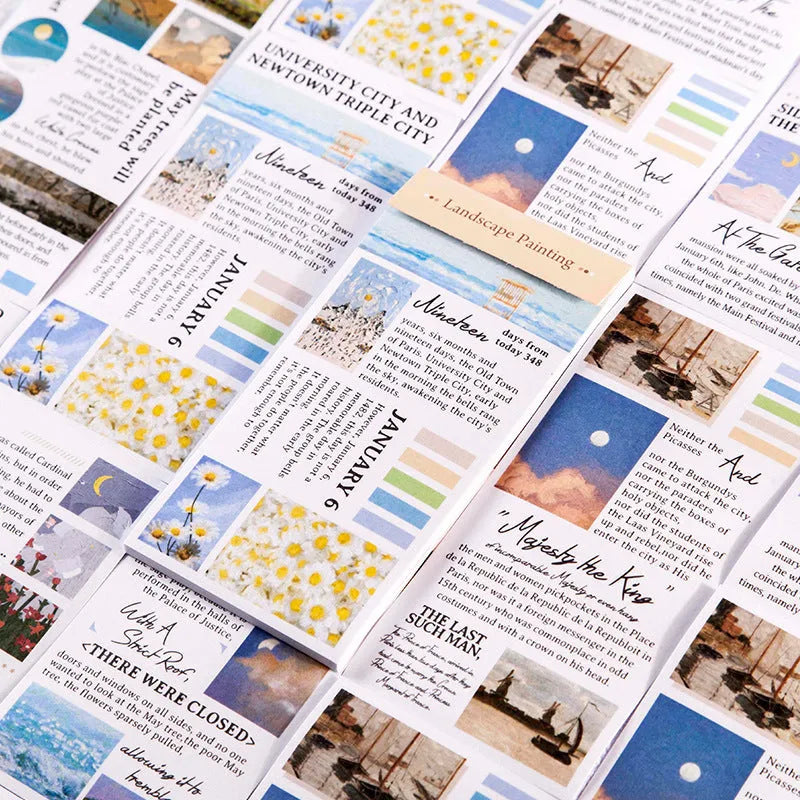 Pack of 20 rectangular paper stickers depicting famous landscape paintings measuring 60mm by 120mm.
