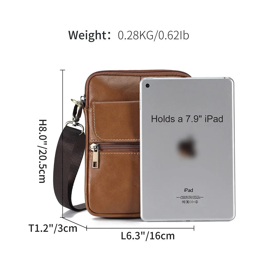 Men's genuine first layer cowhide crossbody shoulder bag in solid color with sewing line detail