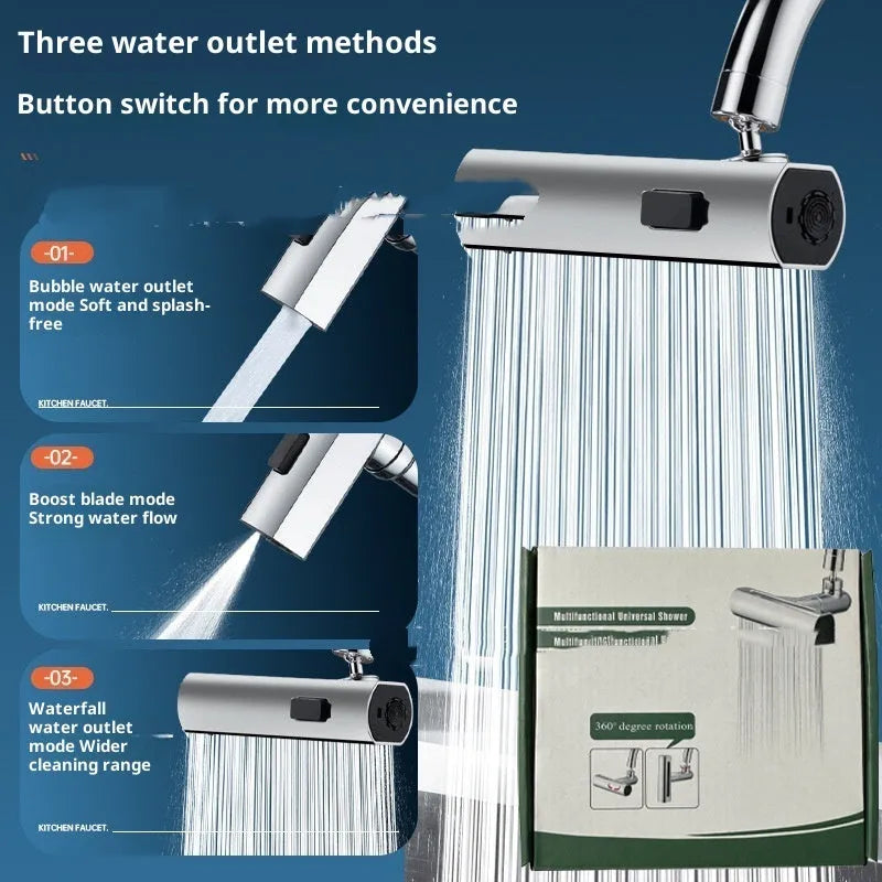Silver waterfall faucet booster with universal rotation and three speed settings for kitchen sink