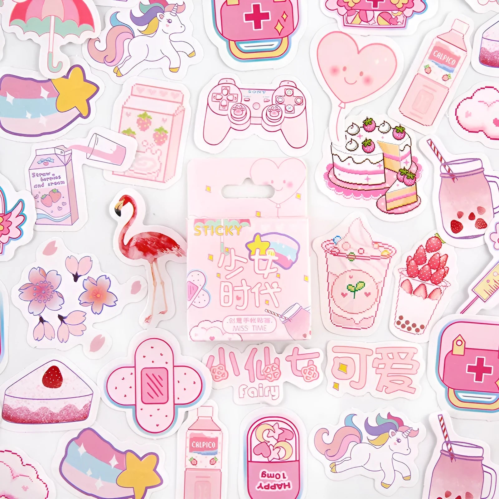 Box of 46 cartoon decorative stickers for children's journals in nine illustrated themes