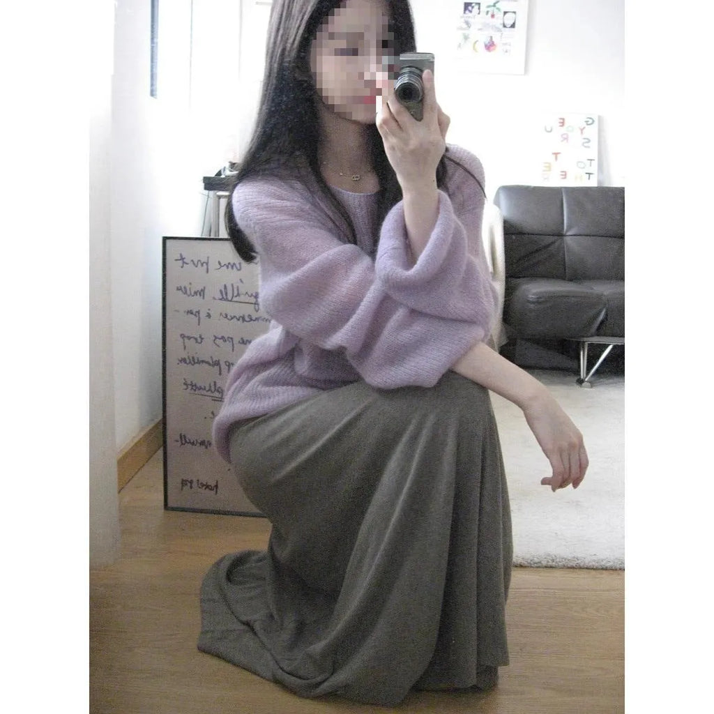 Purple women's blouse with hollow out princess sleeves in ice silk fabric, round neck pullover style