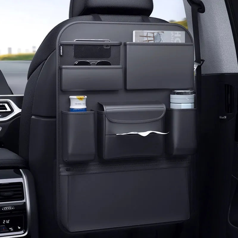 Black leather car seat back hanging storage bag with a handle, shown in large and small sizes for buggy organisation.