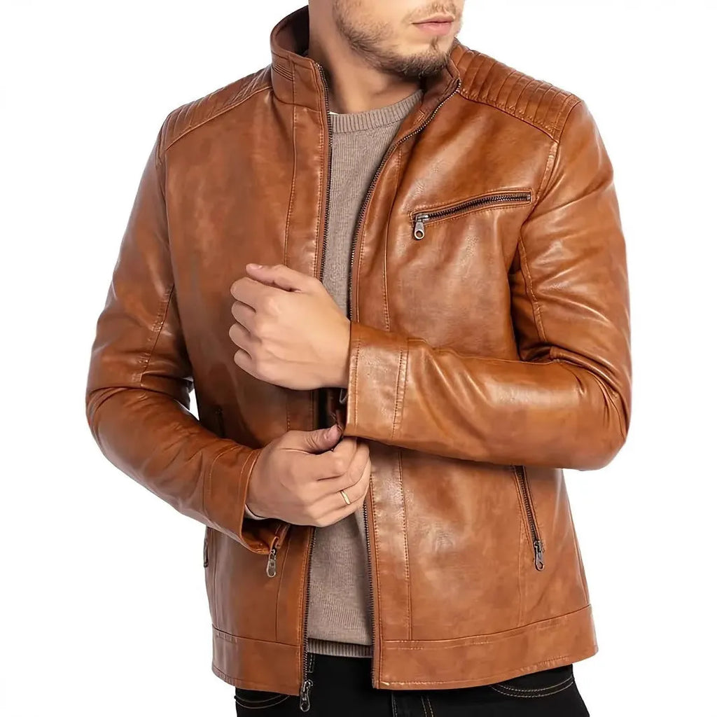 Men's brown artificial leather punk motorcycle jacket with a stand collar and patch pocket.