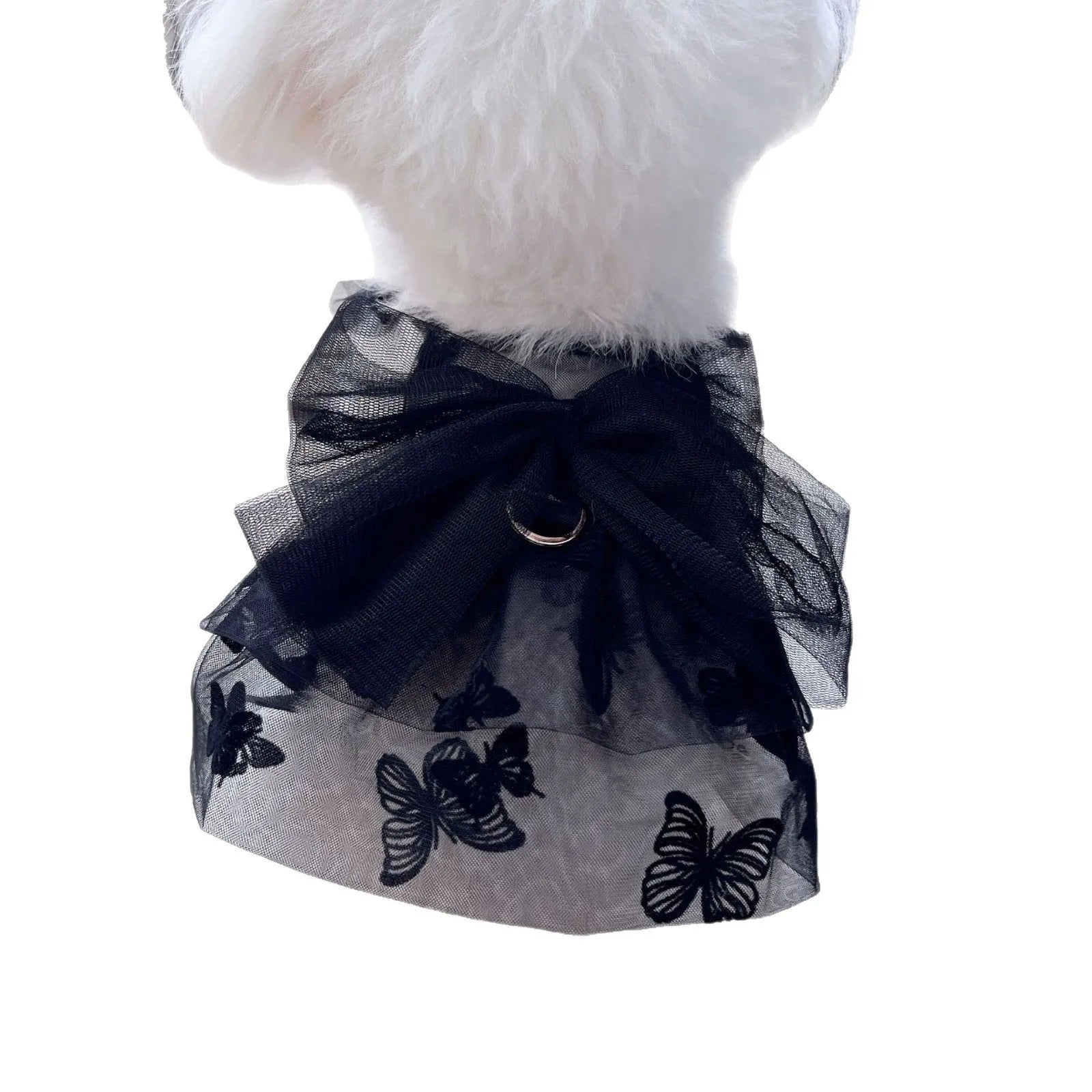 Black gauze princess tulle skirt for small dogs and cats on a mannequin showing the five available sizes