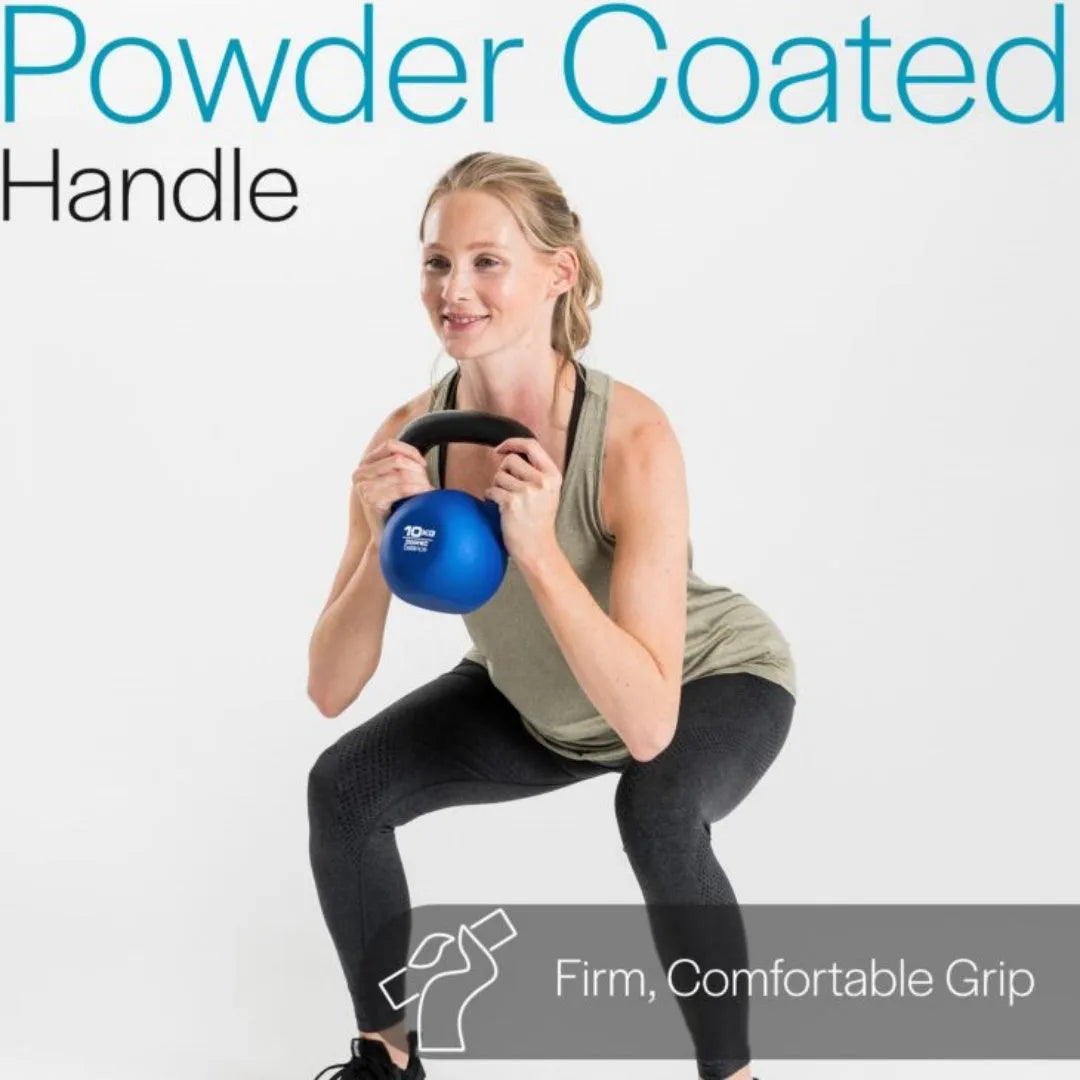 Blue cast iron teapot dumbbell with integrated handle and flat base, showing 10kg weight for home fitness.
