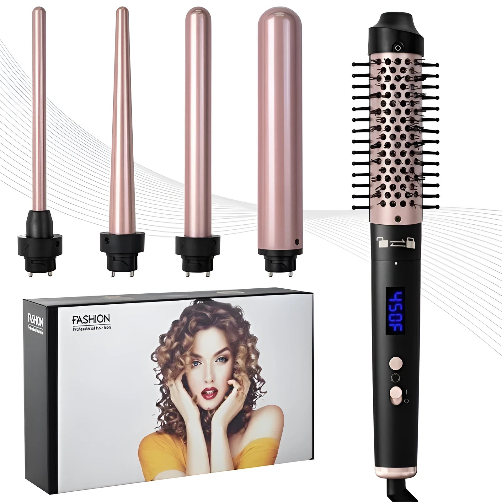 Automatic large wave hair curler in rose gold colour with three heat-setting headbands