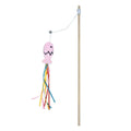 Cat wand toy with wooden handle, elastic rope, catnip fish, colourful ribbons and small bell