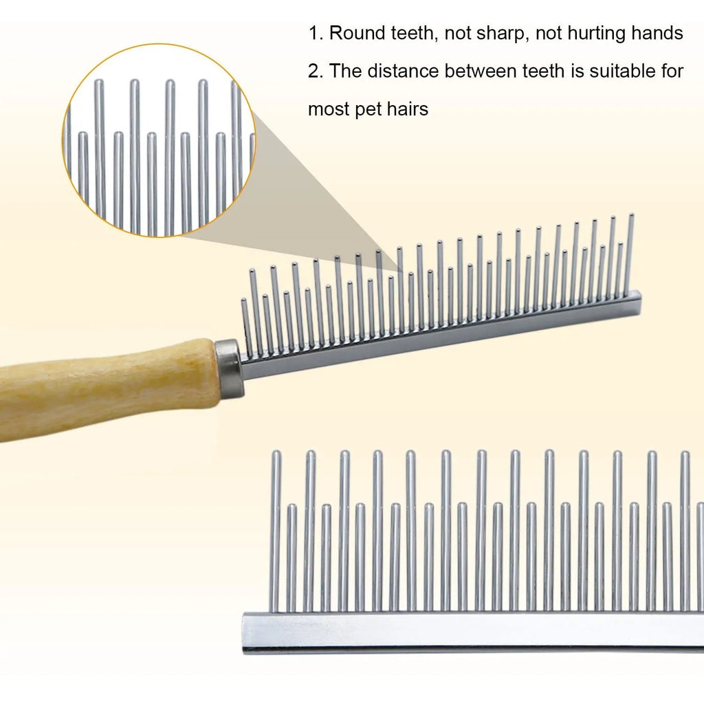 Wooden handle pet grooming comb for dogs and cats showing three configuration options