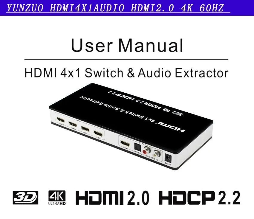 Black 4-in 1-out HDMI audio extractor switch with remote control on a dark surface.