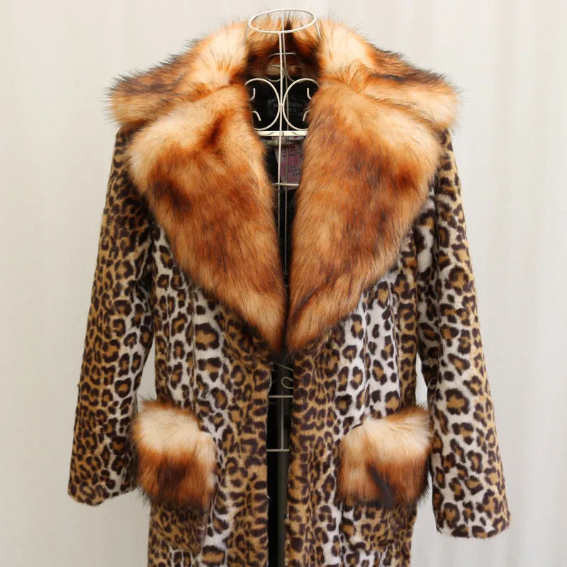 Women's long leopard print artificial fur jacket with regular sleeves