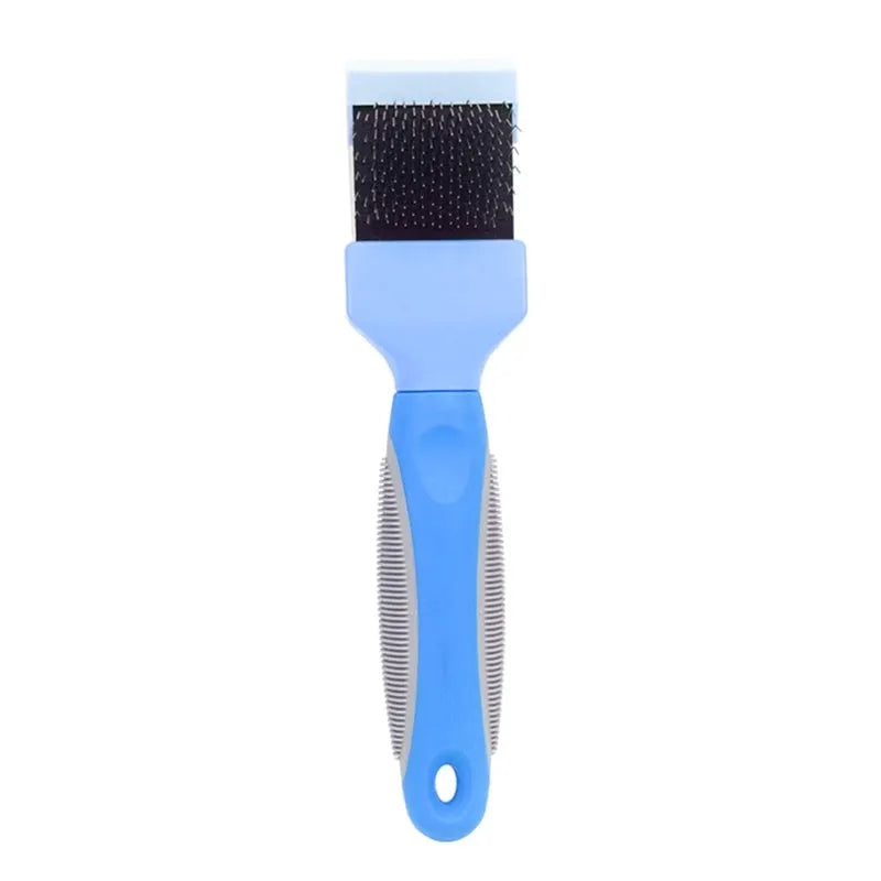 Blue double-sided pet brush with stainless steel pins next to a pink large version on a wooden surface.