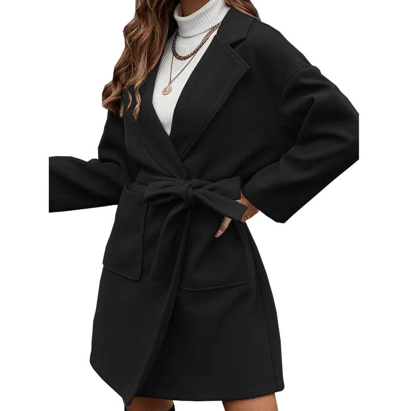 Thick lapel button split belt coat in loose Japanese Korean casual style