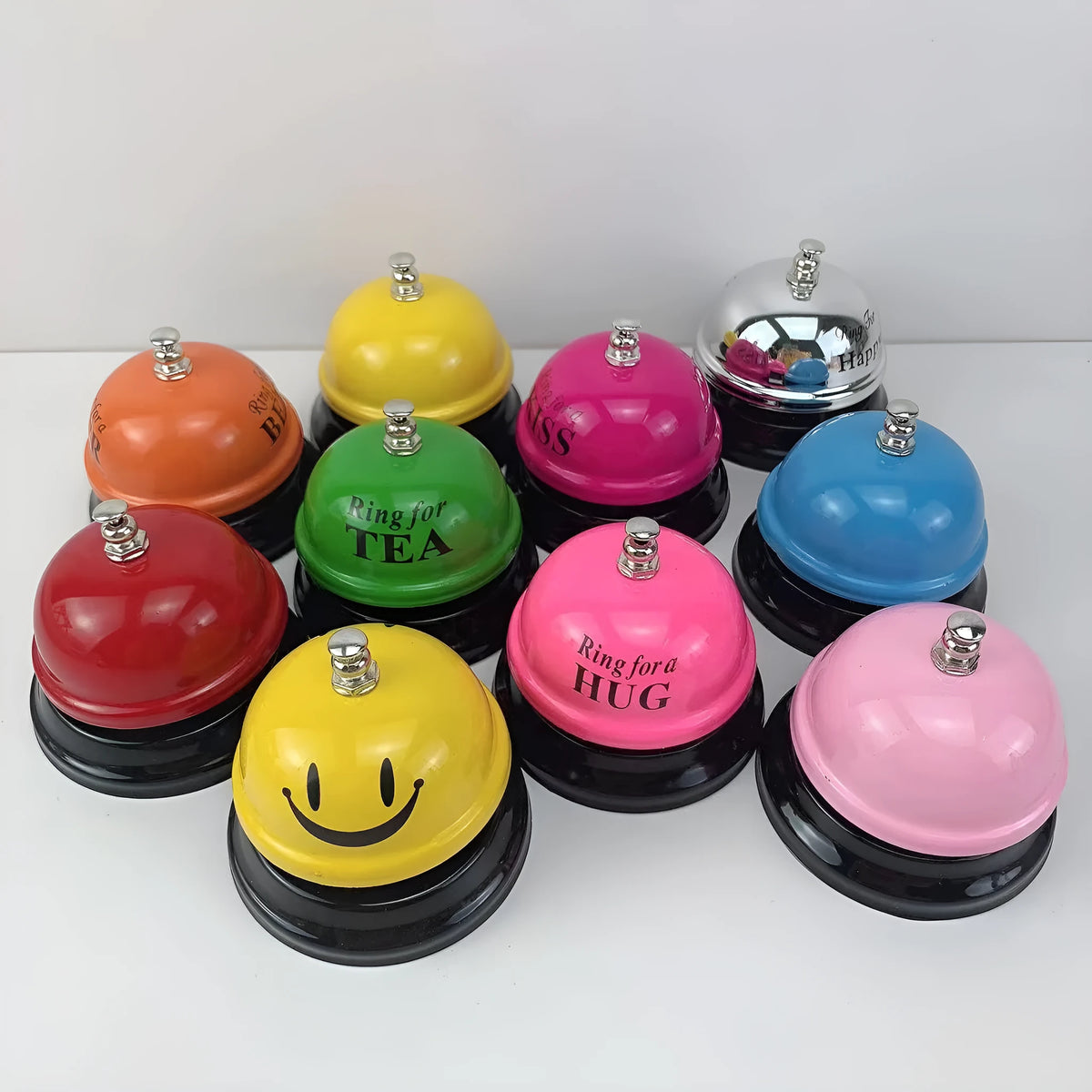 Iron hand bell for classrooms or restaurants in assorted colour options.